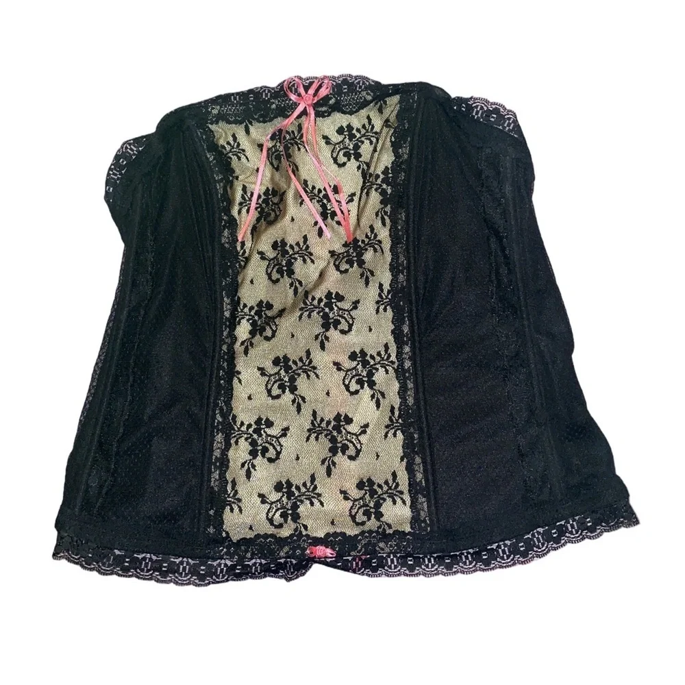 Cacique Black Lace Corset Bustier Strapless Pink Ribbon Plus Size 18/20 Coquette